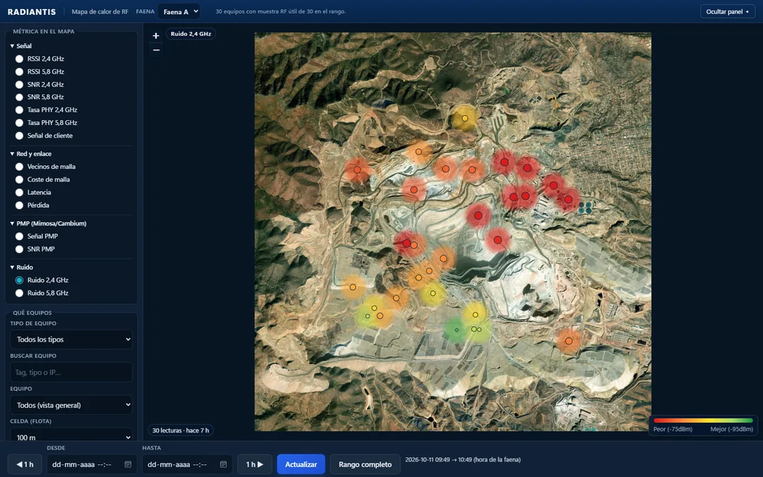 RADIANTIS: mapa de calor de ruido sobre una faena minera, con equipos coloreados de verde a rojo según su medición